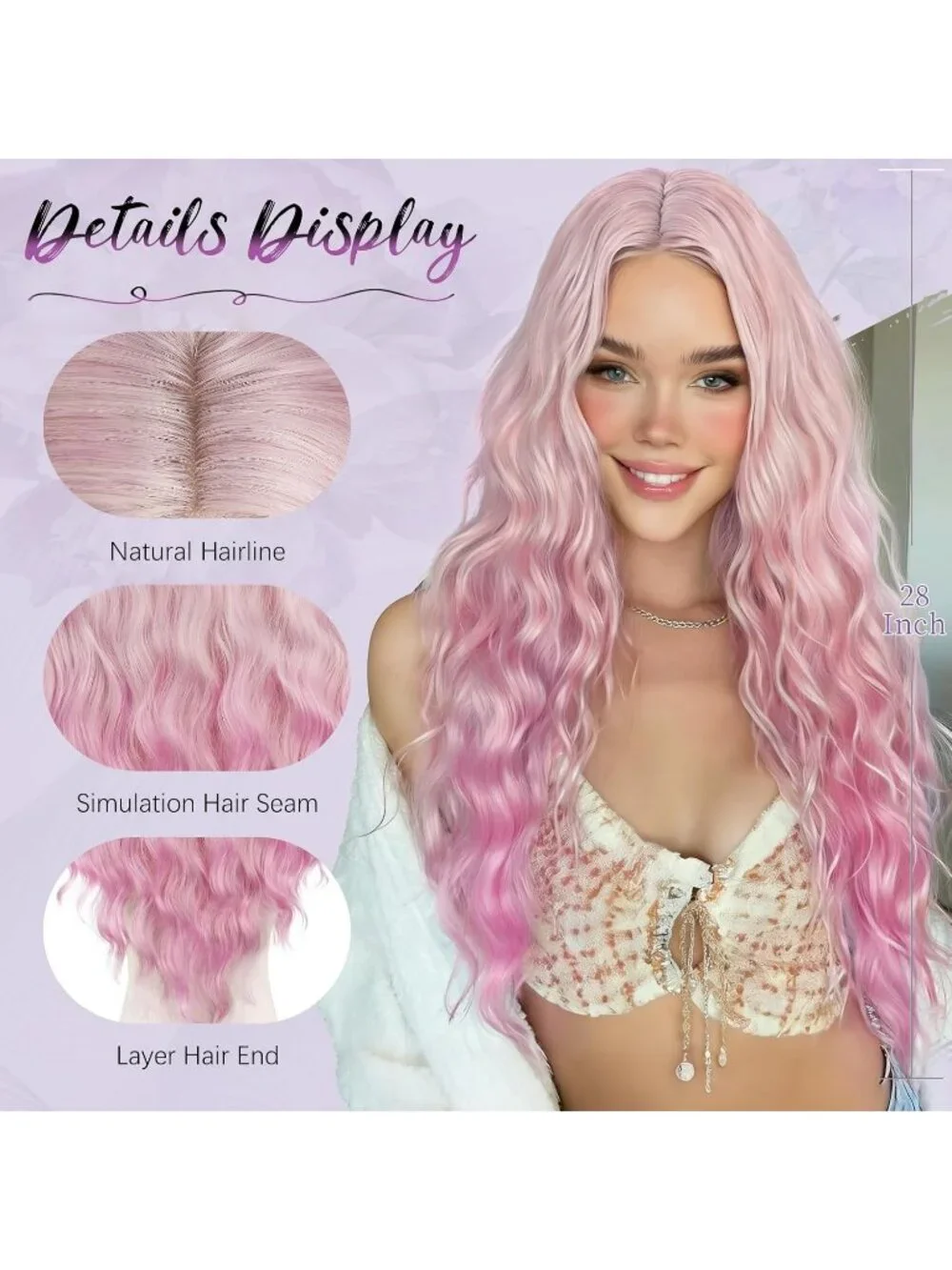 Women's Gradient Pink 28 Inch Lace Front Soft Synthetic Long Wavy Curly Wigs